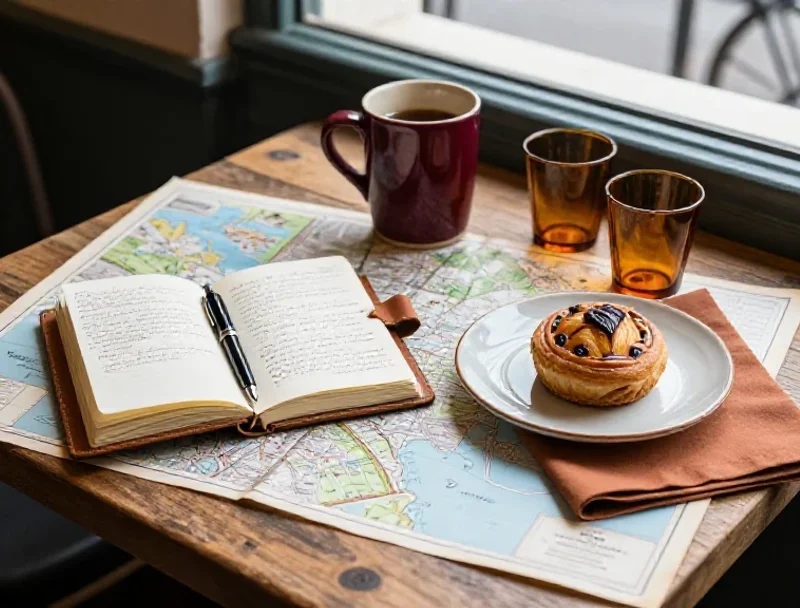 Objets de voyage, de lecture et gourmandise illustrant l'esprit curieux d'un blog généraliste.