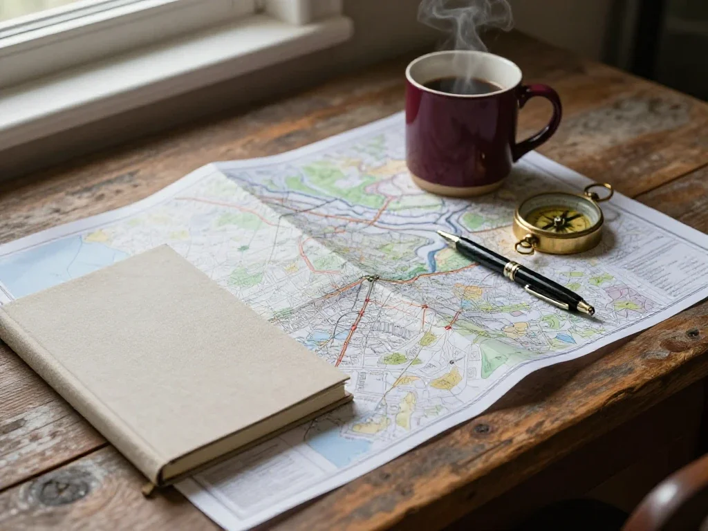 Table de rédaction matinale avec carte, carnet et café évoquant la planification de projet.